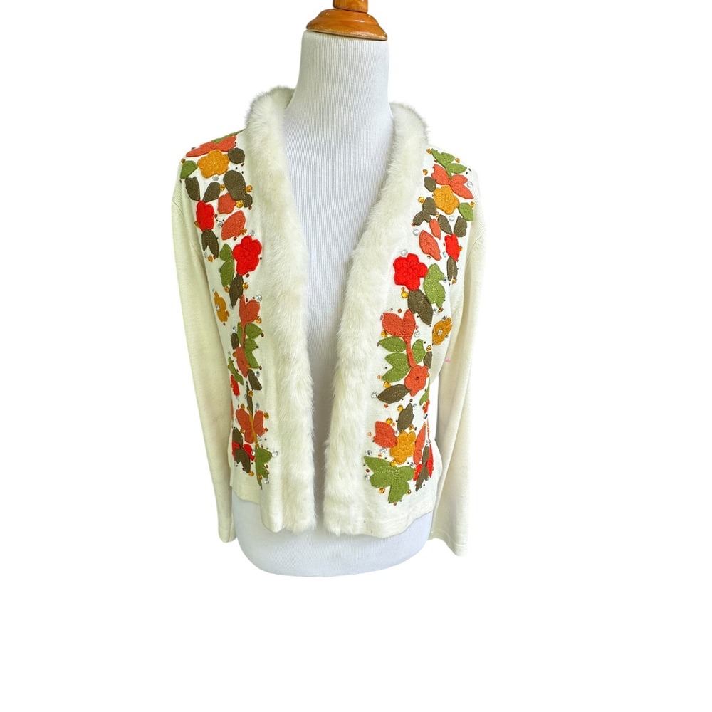 Fall Leaf Embellished Cardigan Jacket Faux Fur‎ Trim Appliqué Beaded Ivory M-L - Picture 14 of 16